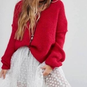 Free People Red V-Neck Chunky Knit Sweater